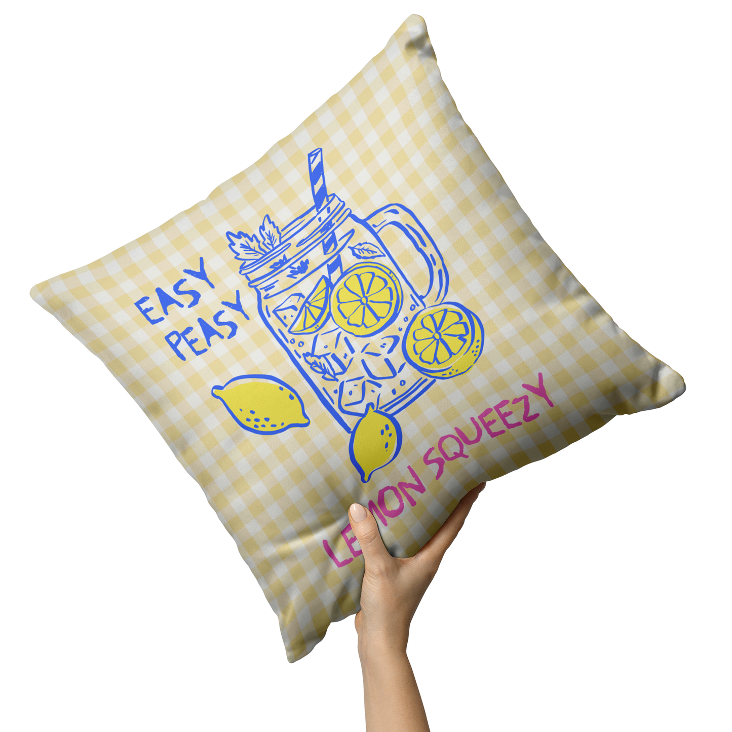 Yellow Gingham "Easy Peasy Lemon Squeezy" Throw Pillow
