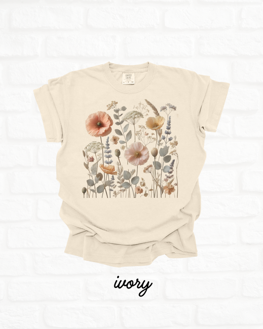 Boho Cottagecore Pressed Wild Fall Flowers IVORY Heavyweight Cotton Women's Graphic Tee