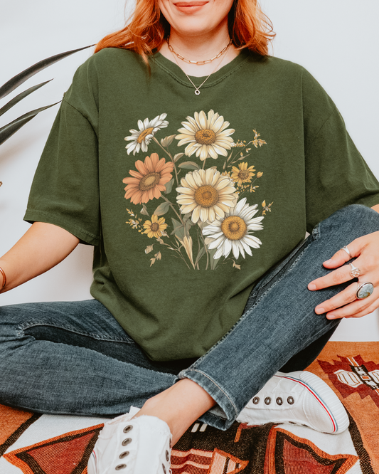 Cottagecore Spring Flowers Hemp GREEN Heavyweight Cotton Women's Graphic Tee