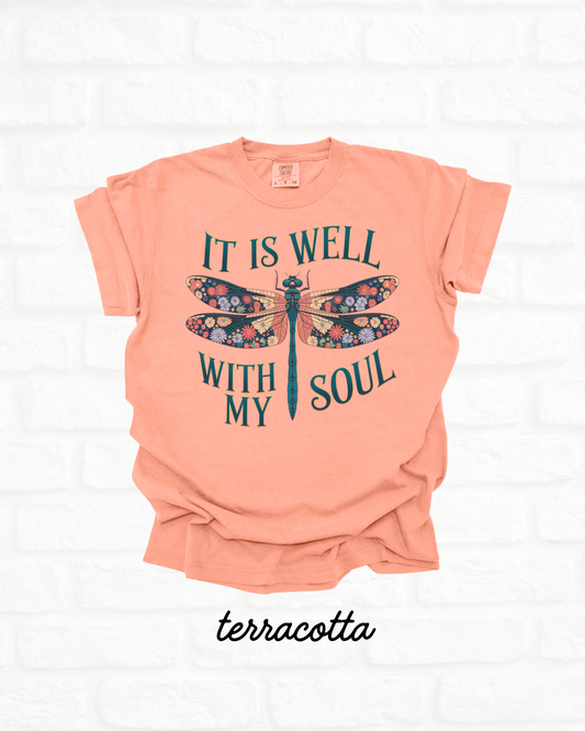 It Is Well With My Soul Dragonfly Terracotta ORANGE Heavyweight Cotton Women's Graphic Tee