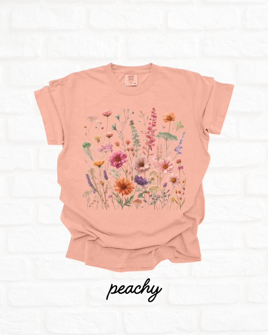 Pressed Vintage Wild Flowers PEACHY Orchid Heavyweight Cotton Women's Graphic Tee