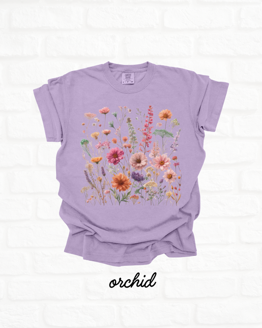 Pressed Vintage Wild Flowers PURPLE Orchid Heavyweight Cotton Women's Graphic Tee
