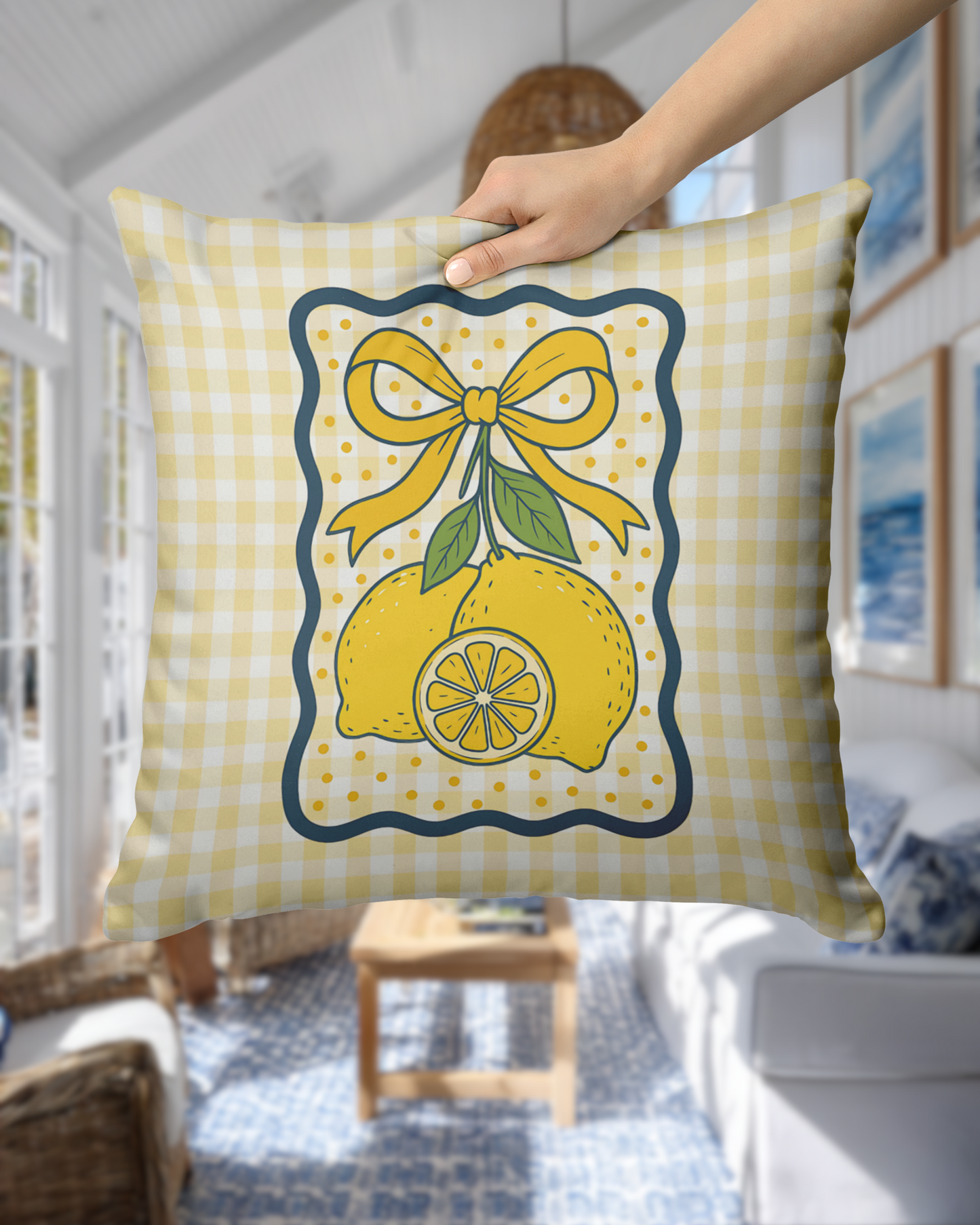 Yellow Gingham Lemon Coquette Throw PIllow