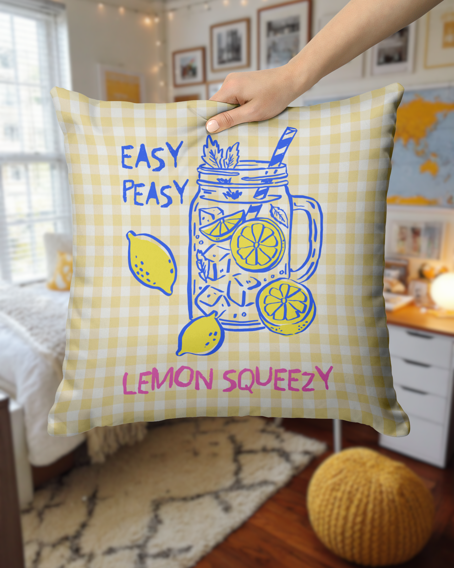 Yellow Gingham "Easy Peasy Lemon Squeezy" Throw Pillow