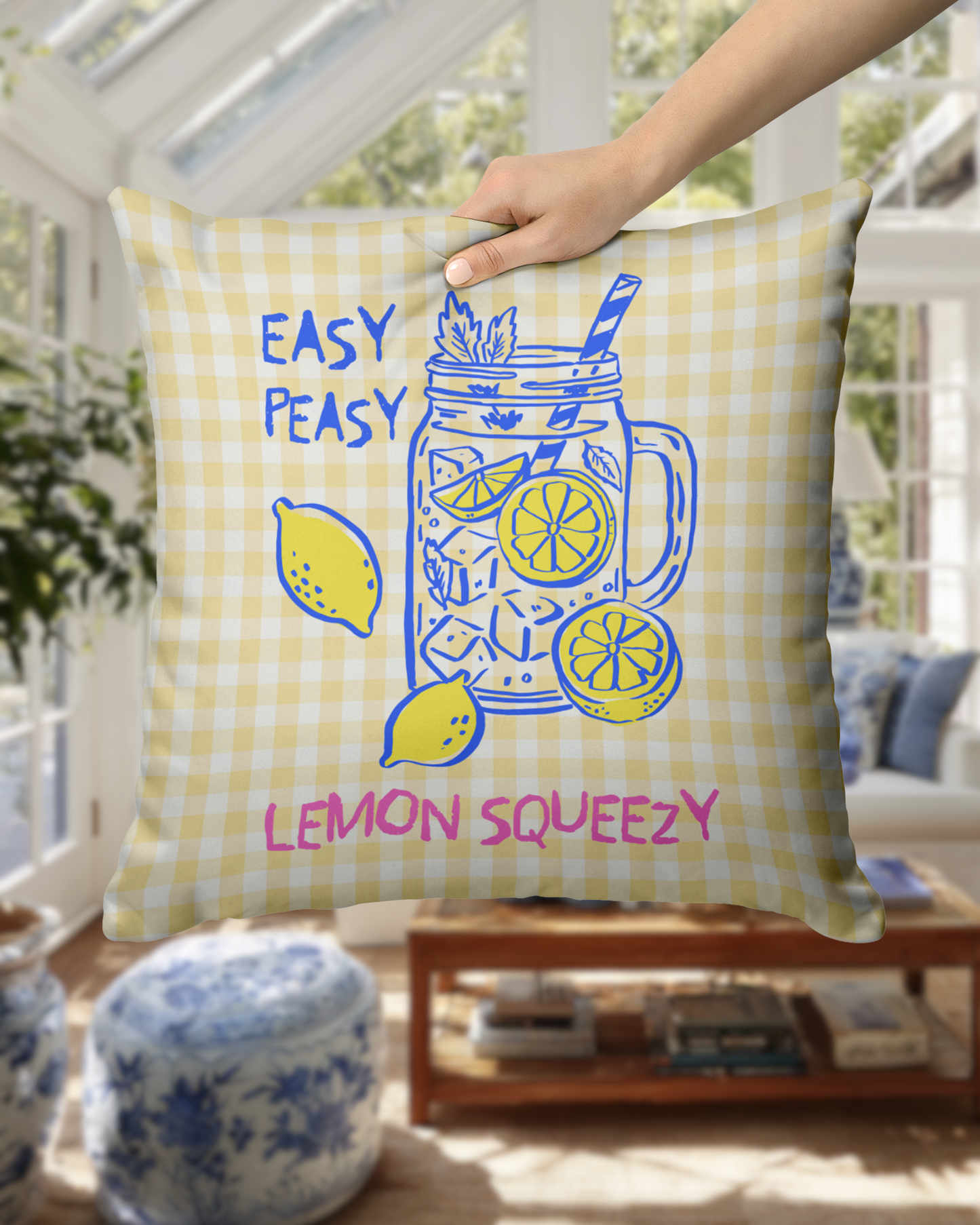 Yellow Gingham "Easy Peasy Lemon Squeezy" Throw Pillow
