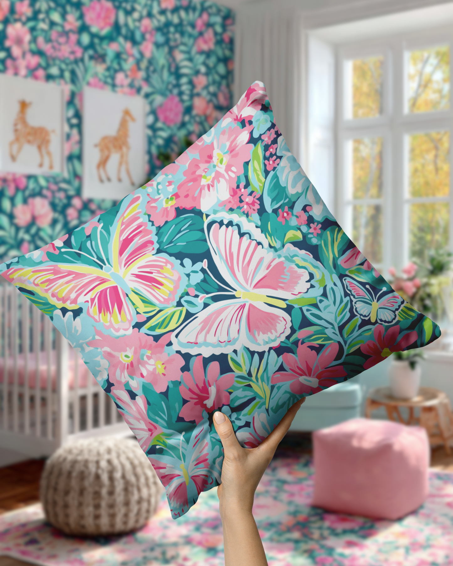 Pink Butterfly Floral Throw Pillow