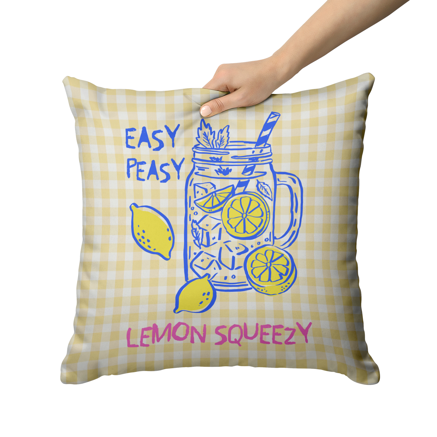 Yellow Gingham "Easy Peasy Lemon Squeezy" Throw Pillow
