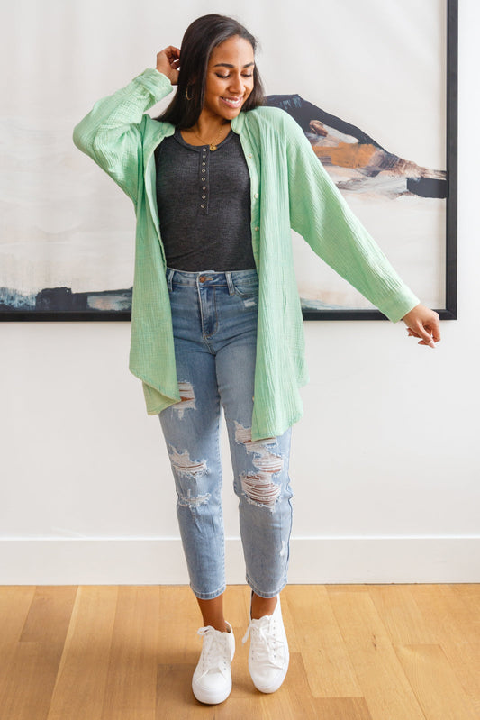 Corey Button Up Top In Vintage Mint Green