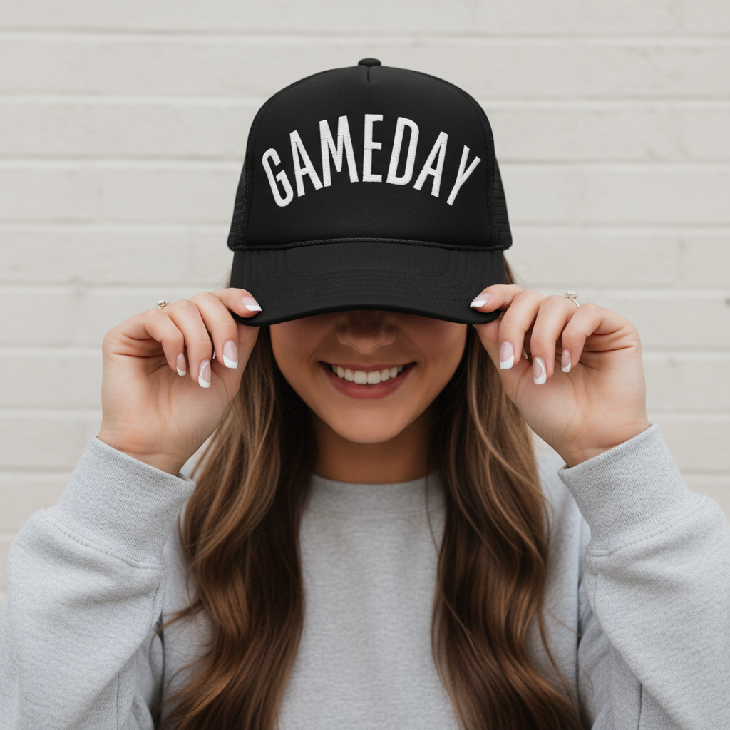 3D Puff Embroidered Gameday Trucker Hat in Black, Navy or Red