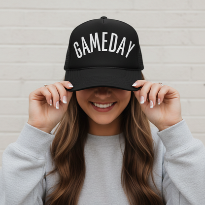3D Puff Embroidered Gameday Trucker Hat in Black, Navy or Red