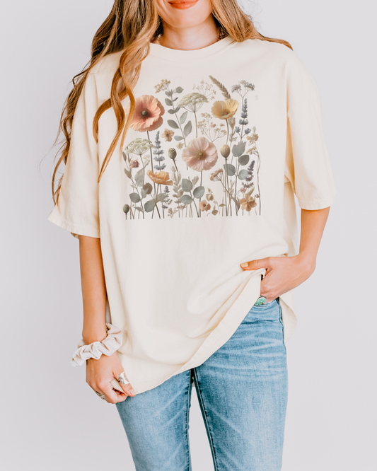 Boho Cottagecore Pressed Wild Fall Flowers IVORY Heavyweight Cotton Women's Graphic Tee