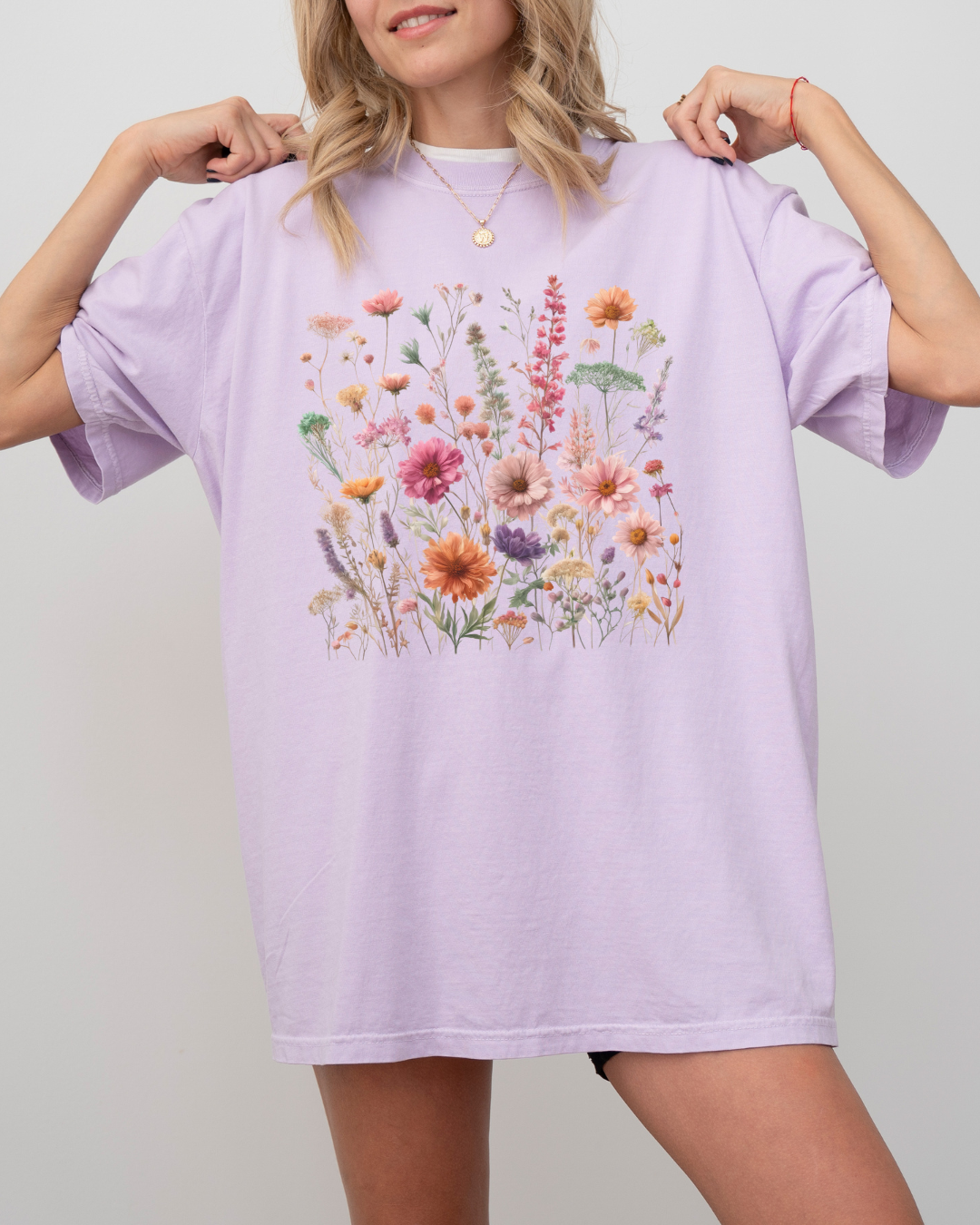 Pressed Vintage Wild Flowers PURPLE Orchid Heavyweight Cotton Women's Graphic Tee