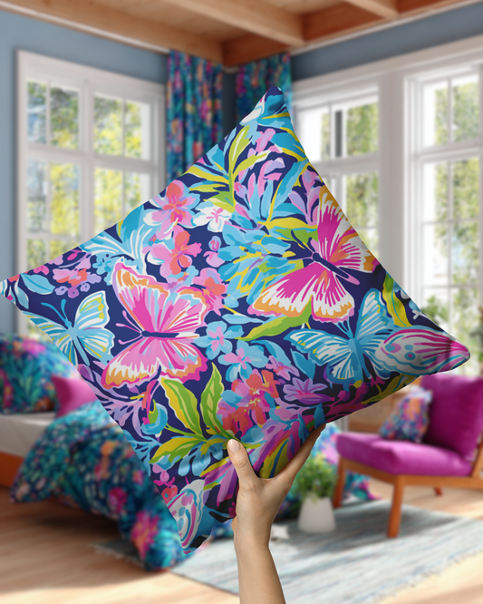 Blue Butterfly Floral Throw Pillow