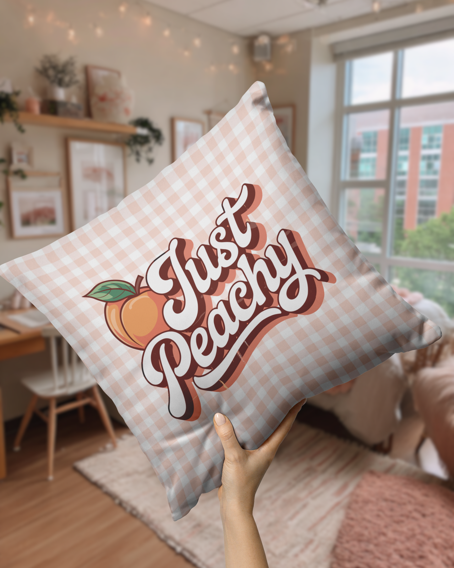 Pink Gingham Just Peachy Throw Pillow
