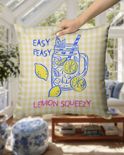 Yellow Gingham "Easy Peasy Lemon Squeezy" Throw Pillow