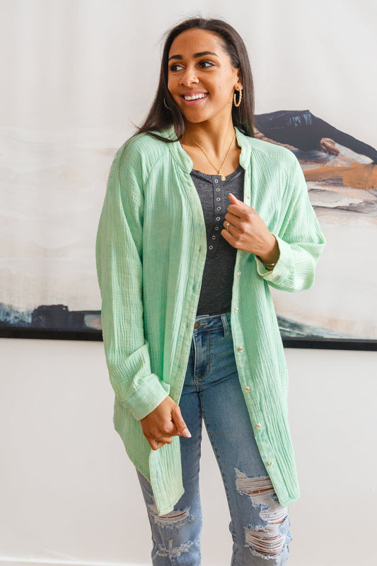 Corey Button Up Top In Vintage Mint Green